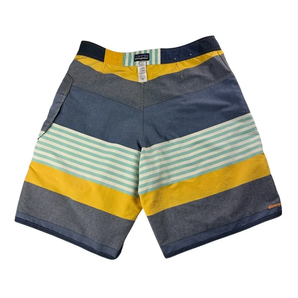 Patagonia Mens 34 Board Shorts Blue Yellow Striped Nylon Mesh Lined Swim Trunks